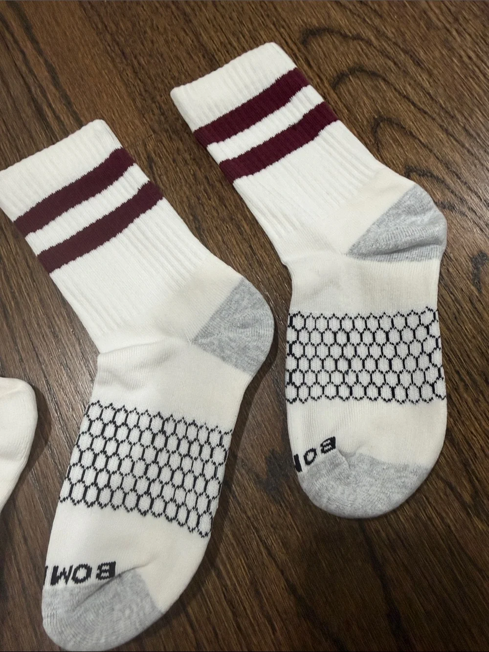 Set of 2 Bombas White Athletic Crew Socks with Red and Burgundy Stripes